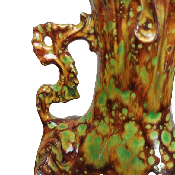 VTG Art Pottery Ewer Vase Brown Orange Green 1960-70s Pitcher Handled Hand Paint - Picture 6 of 12